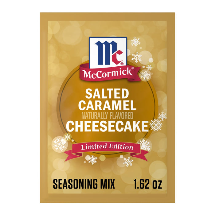 A gold and red packet of Mccormick Salted Caramel Cheesecake Seasoning Mix, 1.62 Oz features a festive snowflake design for this limited edition flavor.