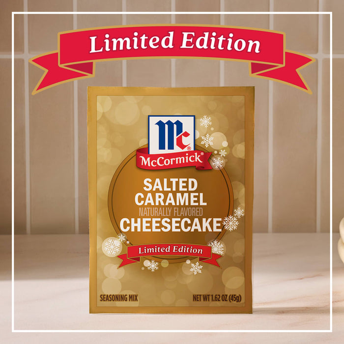 A festive package of Mccormick Salted Caramel Cheesecake Seasoning Mix, 1.62 Oz is displayed against a warm tiled background with a red Limited Edition banner at the top.