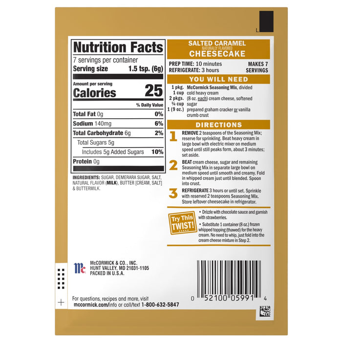 The back of a package of Mccormick, 1.62 Oz Salted Caramel Cheesecake Seasoning Mix displays the nutrition facts, ingredients, and step-by-step preparation directions.