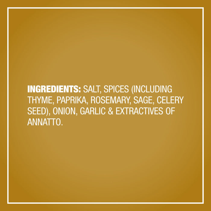 A list of ingredients for Mccormick Turkey Rub, 1.25 Oz including salt, spices like thyme, paprika, rosemary, sage, and celery seed, along with onion, garlic, and extractives of annatto.