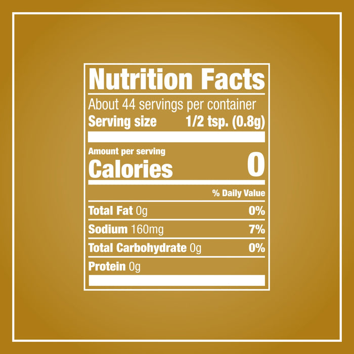 An infographic displays the nutrition facts for Mccormick Turkey Rub, 1.25 Oz, showing zero calories and 160 milligrams of sodium per half teaspoon serving.