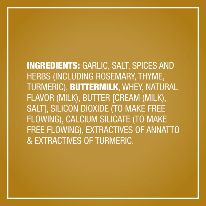 An informational graphic displays the ingredient list for Mccormick Garlic And Herb Butter Roast Seasoning Mix, 1.0 Oz, which includes garlic, salt, rosemary, thyme, turmeric, buttermilk, and butter.