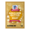 A single packet of Mccormick Garlic And Herb Butter Roast Seasoning Mix, 1.0 Oz featuring a festive gold background with white snowflakes and the McCormick logo.
