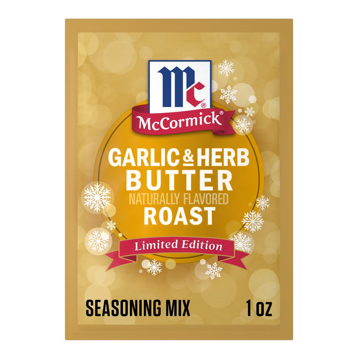A single packet of Mccormick Garlic And Herb Butter Roast Seasoning Mix, 1.0 Oz featuring a festive gold background with white snowflakes and the McCormick logo.
