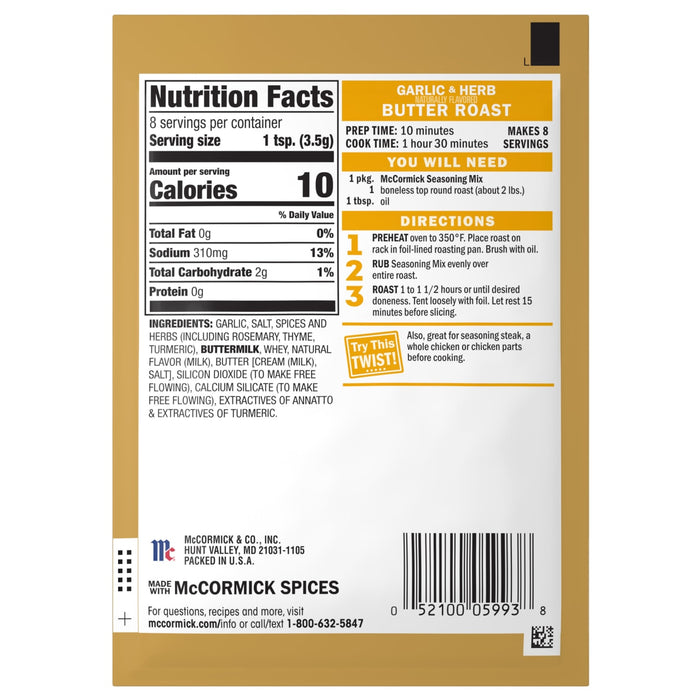 The back of a package of Mccormick, 1 Oz Garlic and Herb Butter Roast seasoning mix displays nutrition facts, ingredients, and cooking directions.