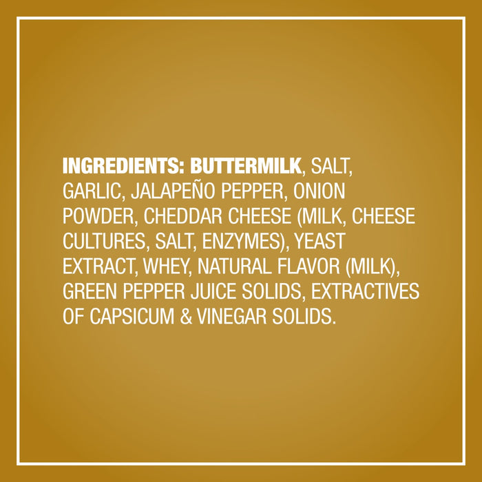 The ingredient list for Mccormick Creamy Jalapeno Spinach Dip Seasoning Mix, 0.87 Oz includes buttermilk, salt, garlic, jalapeno pepper, onion powder, cheddar cheese, yeast extract, whey, natural flavor, green pepper juice solids, extractives of capsicum, and vinegar solids.