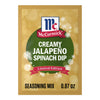 A gold and green limited edition packet of Mccormick Creamy Jalapeno Spinach Dip Seasoning Mix, 0.87 Oz featuring white snowflake graphics.