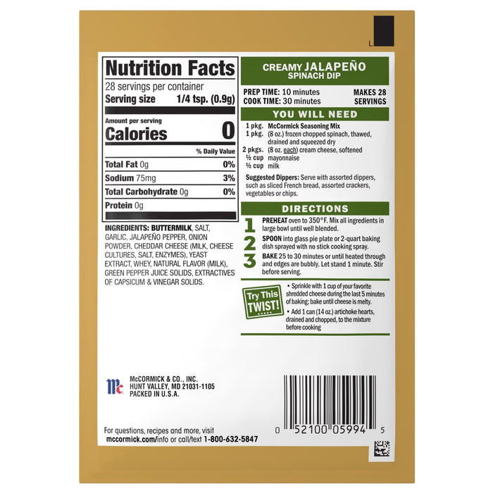 The back of a package of Mccormick, 0.87 Oz Creamy Jalapeño Spinach Dip seasoning mix displays nutrition facts, ingredients, and preparation instructions.