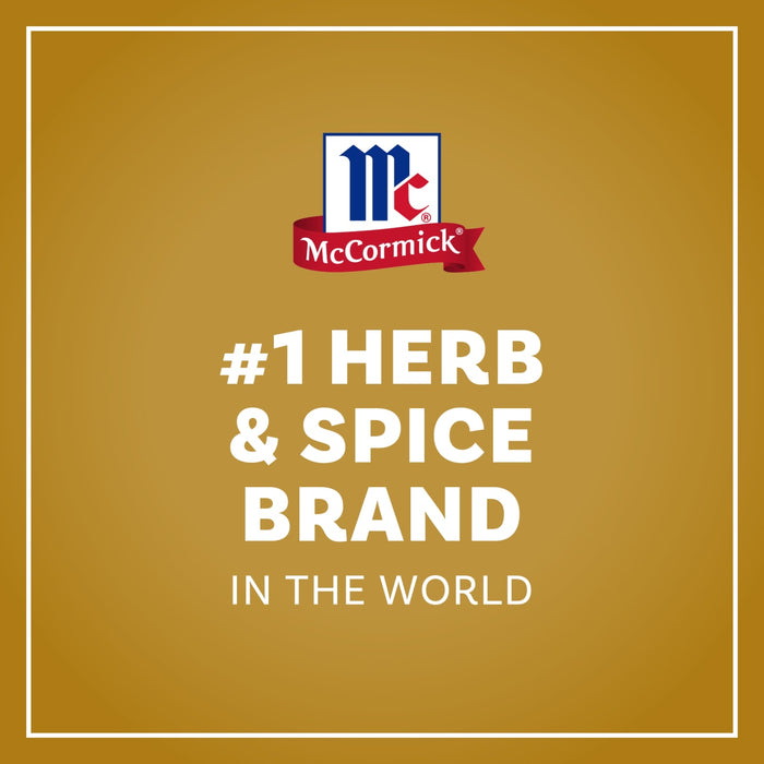 A McCormick brand advertisement on a gold background with a world map, featuring its logo and the text #1 HERB &amp; SPICE BRAND IN THE WORLD, from the company that also produces Mccormick English Toffee Finishing Sgr 3.7 Oz.