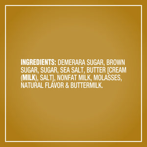 A list of ingredients for Mccormick English Toffee Finishing Sugar Edible Cake Decoration 3.7 Oz including demerara sugar, brown sugar, sugar, sea salt, butter, nonfat milk, molasses, natural flavor, and buttermilk.