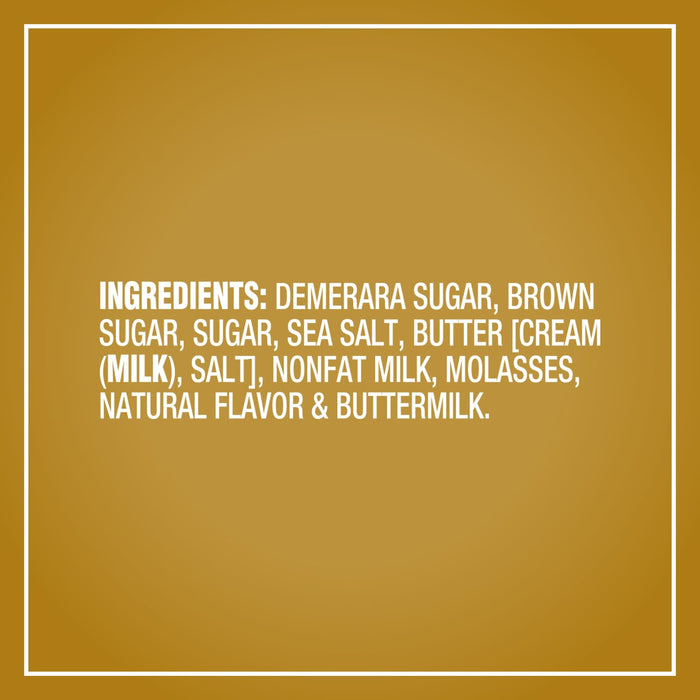 A list of ingredients for Mccormick English Toffee Finishing Sugar Edible Cake Decoration 3.7 Oz including demerara sugar, brown sugar, sugar, sea salt, butter, nonfat milk, molasses, natural flavor, and buttermilk.