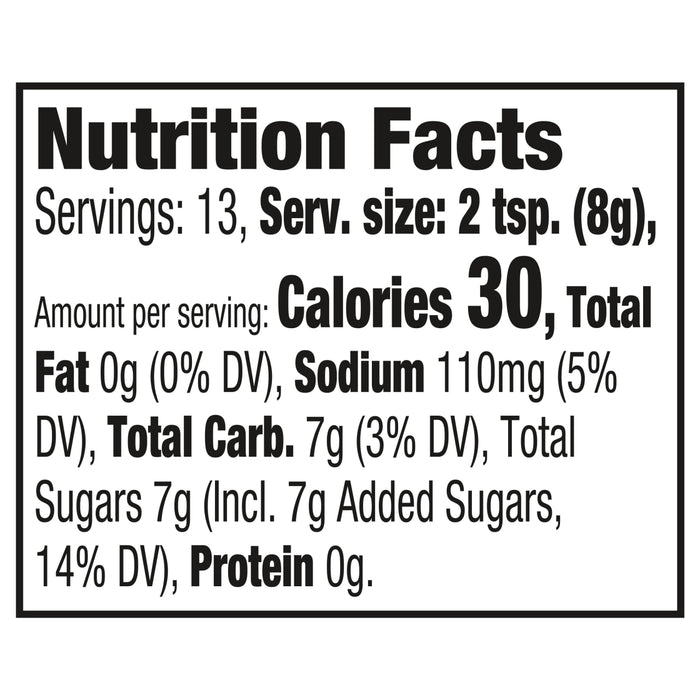Nutrition facts label showing that a serving size of 2 teaspoons (8g) contains 30 calories, 0g total fat, 110mg sodium, 7g total carbohydrates, 7g total sugars (including 7g added sugars), and 0g protein.