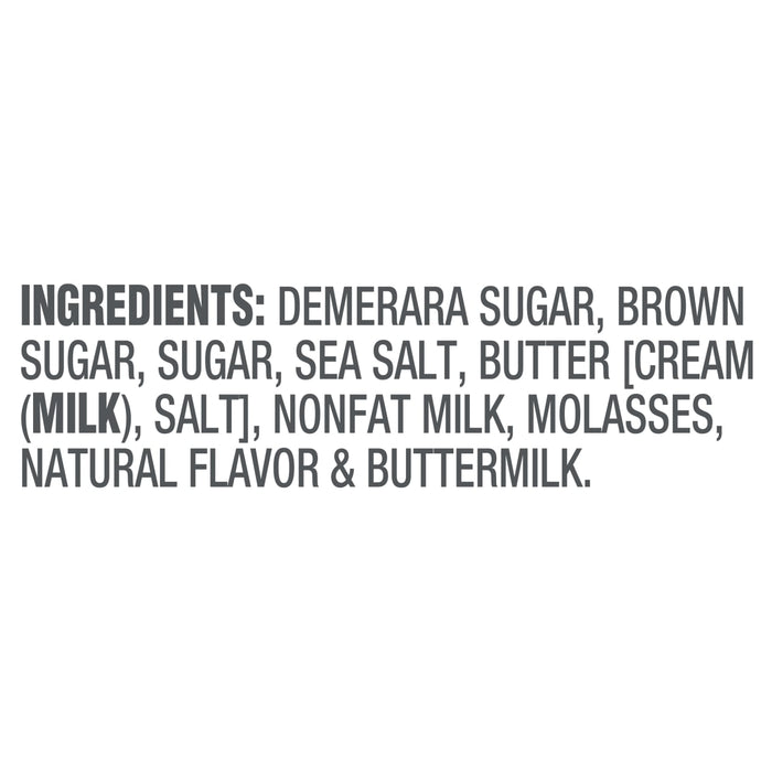 The image shows the ingredient list for a food product, including demerara sugar, brown sugar, sugar, sea salt, butter, nonfat milk, molasses, natural flavor, and buttermilk.