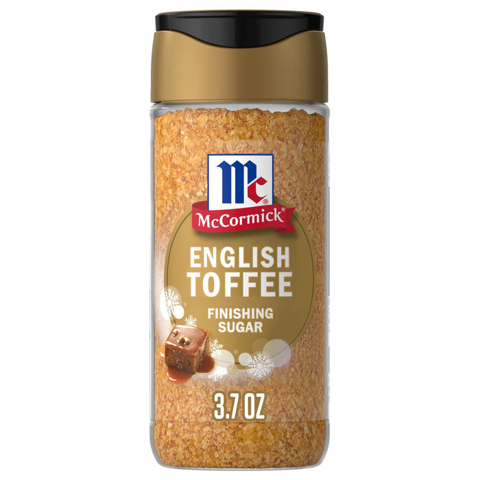 A container of McCormick English Toffee Finishing Sugar.