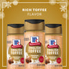 A bottle of Mccormick English Toffee Finishing Sgr 3.7 Oz is centered on a golden background, surrounded by chocolate toffee bark and loose toffee pieces, with text stating RICH TOFFEE FLAVOR.