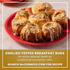 A recipe card for English Toffee Breakfast Buns lists ingredients including Mccormick English Toffee Finishing Sgr 3.7 Oz, prep and cook times, and shows a close-up of the finished glazed buns in a baking dish.