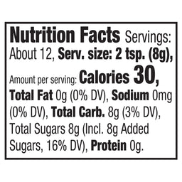 Nutrition facts label showing that one serving of the product contains 30 calories, 0g of fat, 0mg of sodium, 8g of carbohydrates, 8g of total sugars, and 0g of protein.