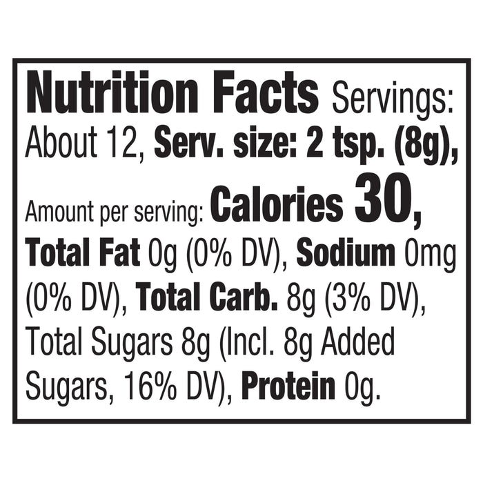 Nutrition facts label showing that one serving of the product contains 30 calories, 0g of fat, 0mg of sodium, 8g of carbohydrates, 8g of total sugars, and 0g of protein.