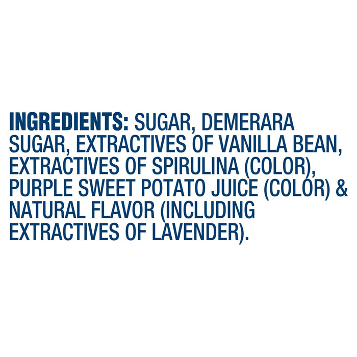 The image shows the ingredient list which includes sugar, demerara sugar, vanilla bean extractives, spirulina extractives, purple sweet potato juice, and natural flavor including lavender extractives.