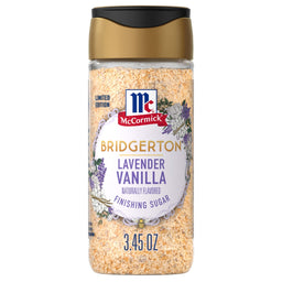 A clear plastic shaker bottle of Mccormick Finishing Sugar Lavender Vanilla 3.45 Oz, featuring a gold and black cap and a label with purple and white floral designs.