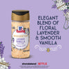 A jar of McCormick Bridgerton Lavender Vanilla Sugar is displayed, advertising its elegant blend of floral lavender and smooth vanilla.