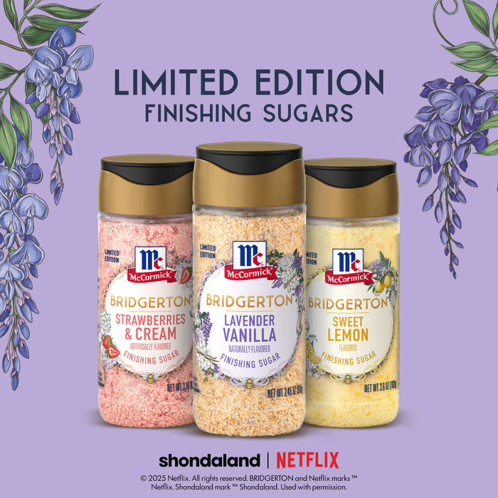 A promotional image for McCormick's Limited Edition Bridgerton Finishing Sugars in Strawberry &amp; Cream, Lavender Vanilla, and Sweet Lemon flavors.