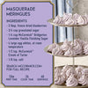 A recipe card for Masquerade Meringues featuring McCormick ingredients and a three-tiered stand of the finished meringues.