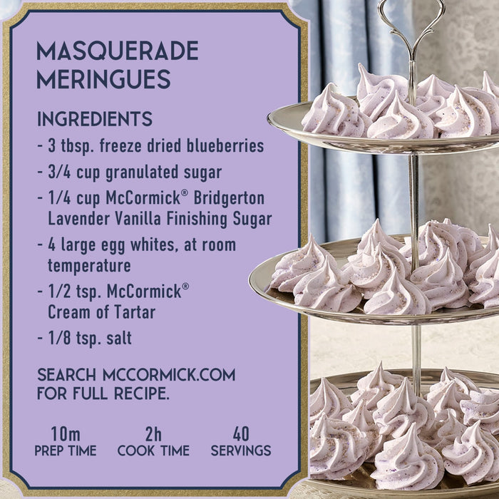 A recipe card for Masquerade Meringues featuring McCormick ingredients and a three-tiered stand of the finished meringues.