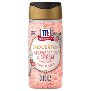 A container of McCormick Bridgerton Strawberries &amp; Cream Dessert Topping.