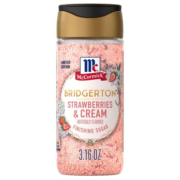 A container of McCormick Bridgerton Strawberries &amp; Cream Dessert Topping.