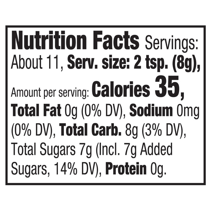 Nutrition facts label showing that one serving of 2 teaspoons (8g) contains 35 calories, 0g total fat, 0mg sodium, 8g total carbohydrates, 7g total sugars, and 0g protein.