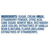 The image shows the ingredient list for a food product, including sugar, cream, strawberry powder, and natural flavors.