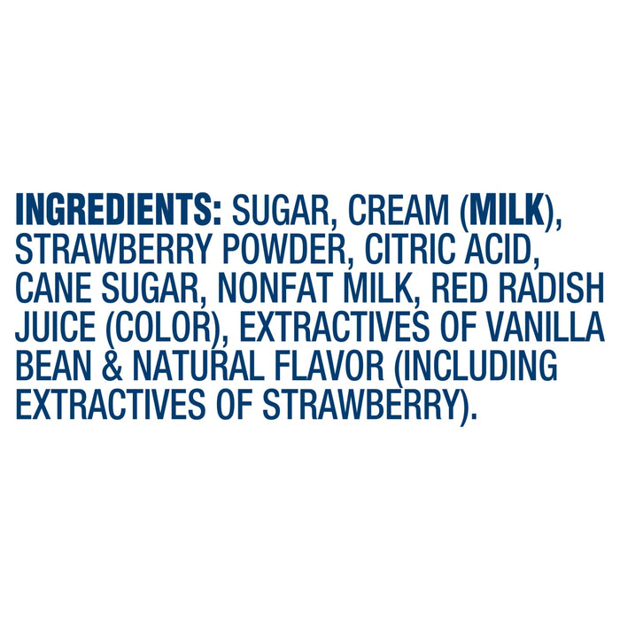 The image shows the ingredient list for a food product, including sugar, cream, strawberry powder, and natural flavors.