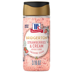 A container of McCormick Bridgerton Strawberries &amp; Cream Dessert Topping.