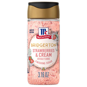 A container of McCormick Bridgerton Strawberries &amp; Cream Dessert Topping.