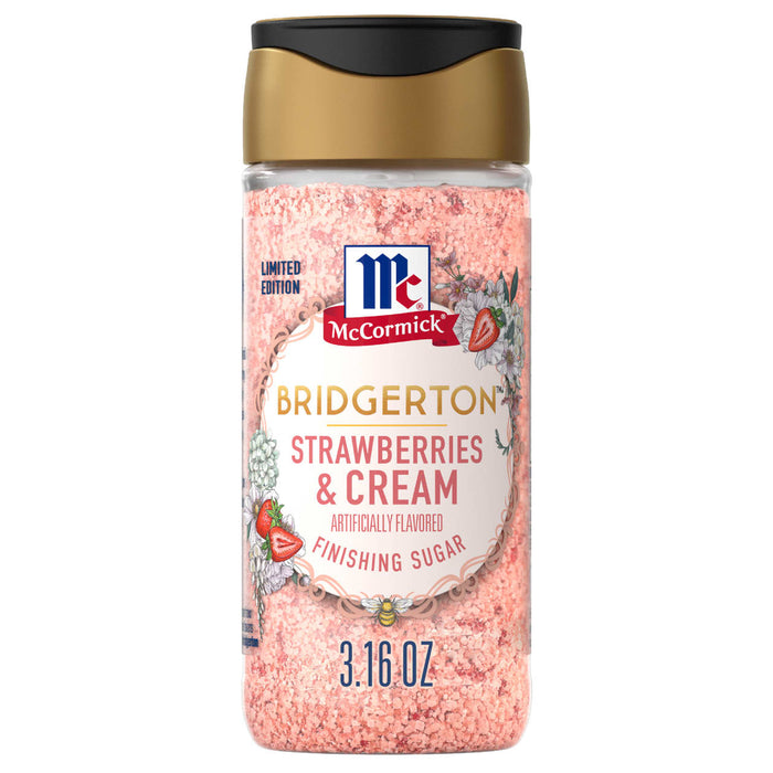 A container of McCormick Bridgerton Strawberries &amp; Cream Dessert Topping.