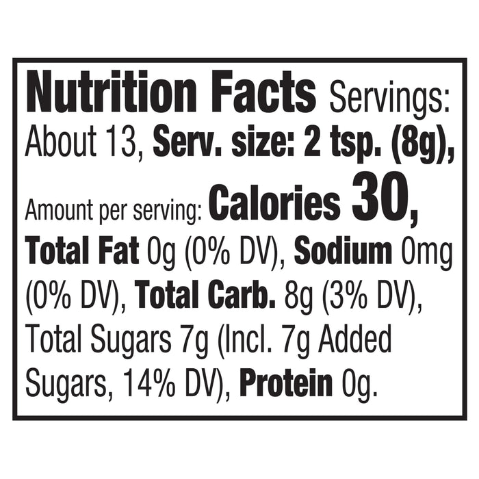 This is a nutrition facts label showing that one serving of the product contains 30 calories, 0g of fat, 0mg of sodium, 8g of carbohydrates, 7g of sugar, and 0g of protein.