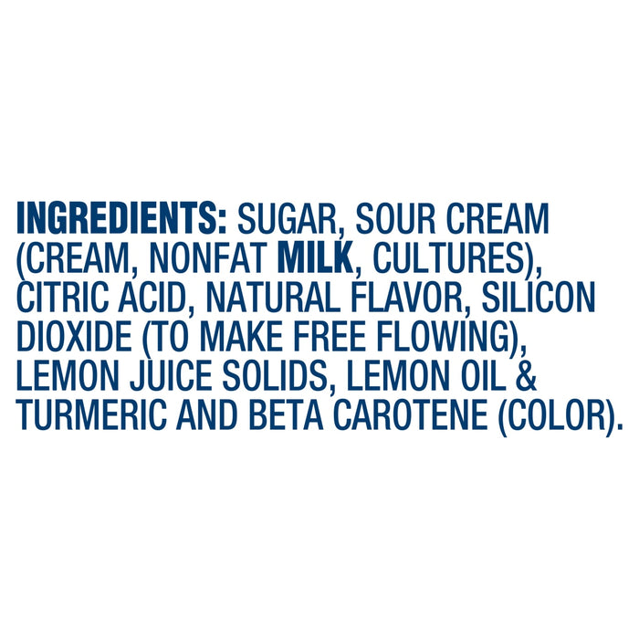 The image shows a list of ingredients including sugar, sour cream, citric acid, natural flavor, silicon dioxide, lemon juice solids, lemon oil, turmeric, and beta carotene.