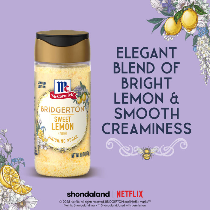 A bottle of McCormick Bridgerton Sweet Lemon Cake Dessert Topping is displayed with the text Elegant blend of bright lemon and smooth creaminess.