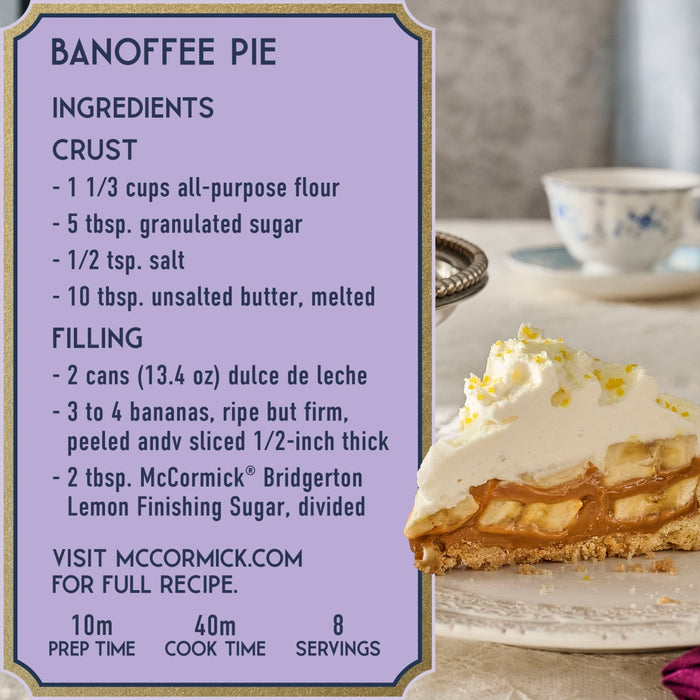 A recipe card for Banoffee Pie featuring McCormick Bridgerton Lemon Finishing Sugar, with a photo of a slice of the pie.