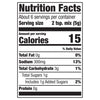 Nutrition facts label showing that a serving size of 2 tsp of mix contains 15 calories, 0g of total fat, 300mg of sodium, 3g of total carbohydrate, 1g of total sugars, and 0g of protein.