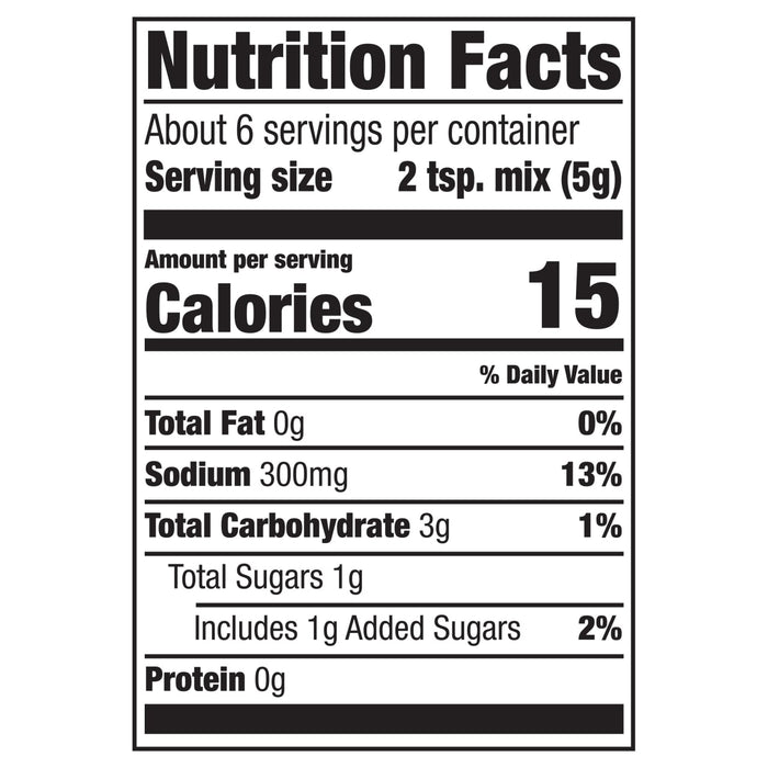 Nutrition facts label showing that a serving size of 2 tsp of mix contains 15 calories, 0g of total fat, 300mg of sodium, 3g of total carbohydrate, 1g of total sugars, and 0g of protein.