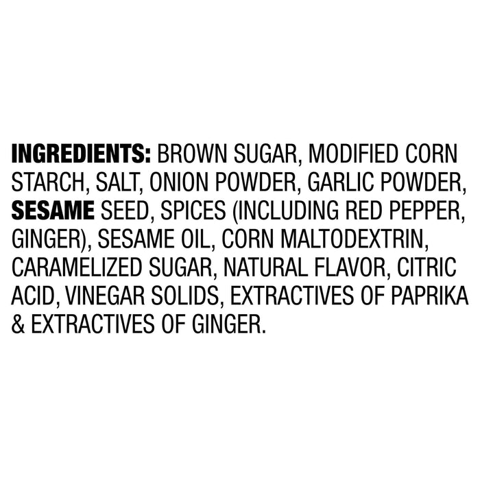 The image shows the ingredient list for a food product, including brown sugar, modified corn starch, sesame seed, and spices.