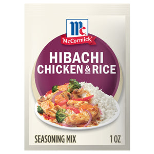A packet of McCormick Hibachi Chicken &amp; Rice seasoning mix.