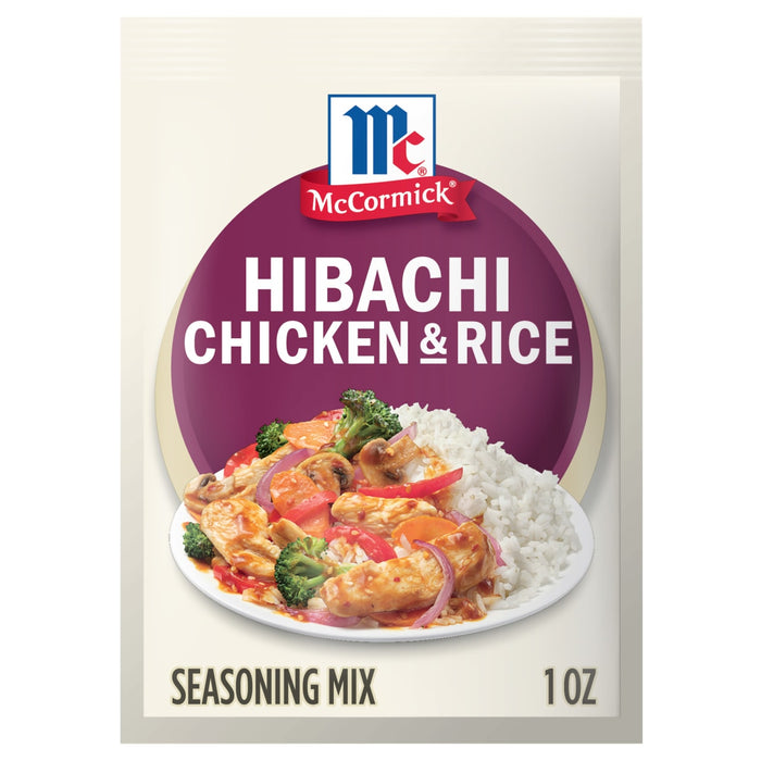 A packet of McCormick Hibachi Chicken &amp; Rice seasoning mix.