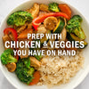 A bowl of chicken and vegetable stir-fry with rice, suggesting a healthy and customizable meal prep option.