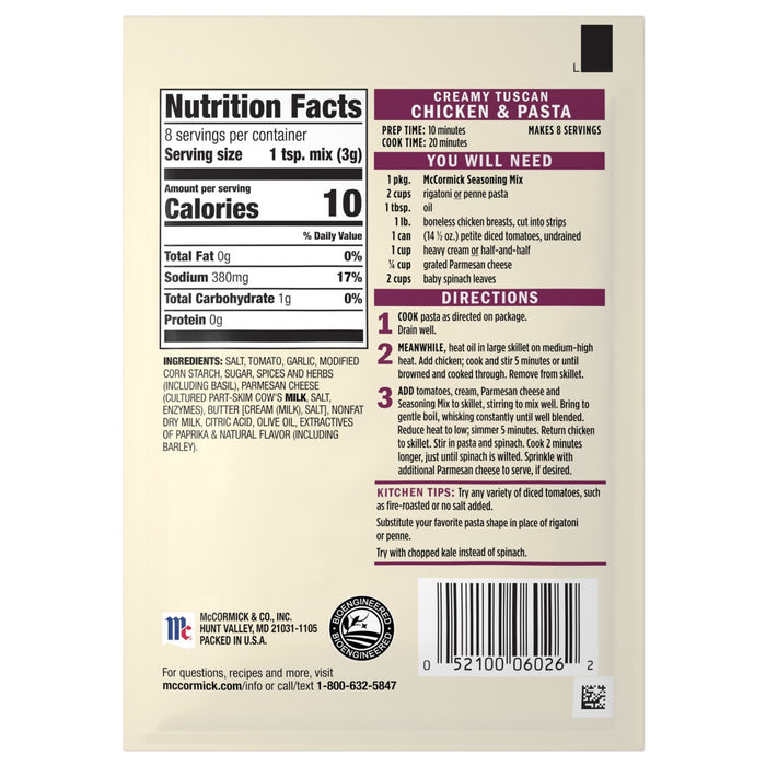 The image shows the nutrition facts and cooking instructions for McCormick Chili Seasoning Mix.