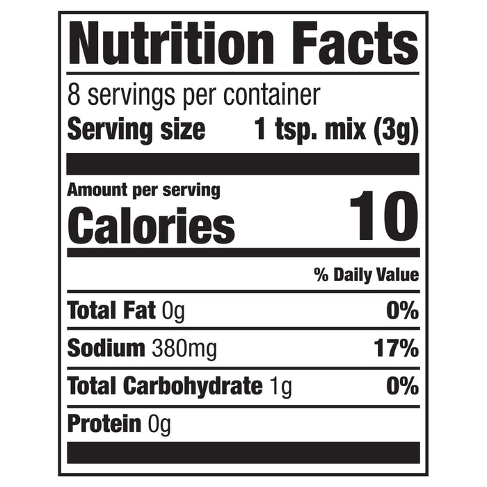 This is a nutrition facts label showing that one teaspoon of the mix contains 10 calories, 0 grams of fat, 380mg of sodium, 1 gram of carbohydrates, and 0 grams of protein.