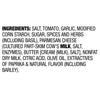 The image shows a list of ingredients including salt, tomato, garlic, modified corn starch, sugar, spices and herbs, parmesan cheese, butter, nonfat dry milk, citric acid, olive oil, extractives of paprika and natural flavor.