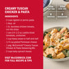 This image shows a McCormick Creamy Tuscan Chicken &amp; Pasta recipe with a list of ingredients and a photo of the finished dish.